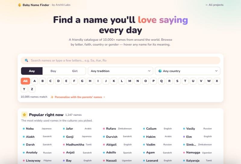The Baby Name Finder: a search box, filters for tradition and country, an A to Z row and a list of names with their origins.
